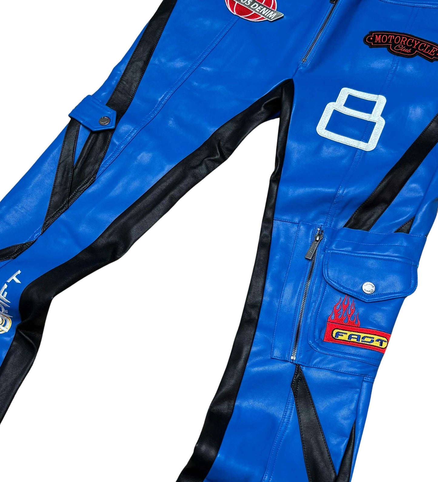 Vegan Leather Racer Stack Jean w/ Zipper Detail / Flared Fit Blue by Vicious - 3