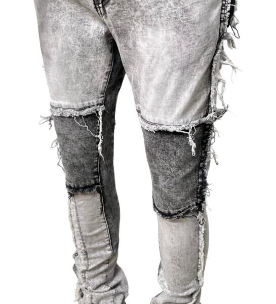 Raw edge tonal patchwork denim