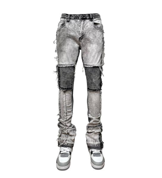 Raw edge tonal patchwork denim