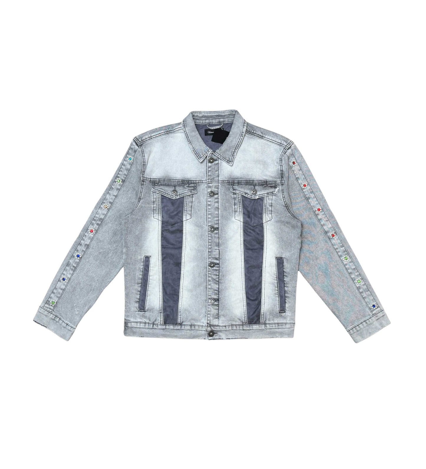 Denim Jacket w/ Suede Cut & Sew and Pearl + Gem Stone Details Light Grey by Vicious - 1