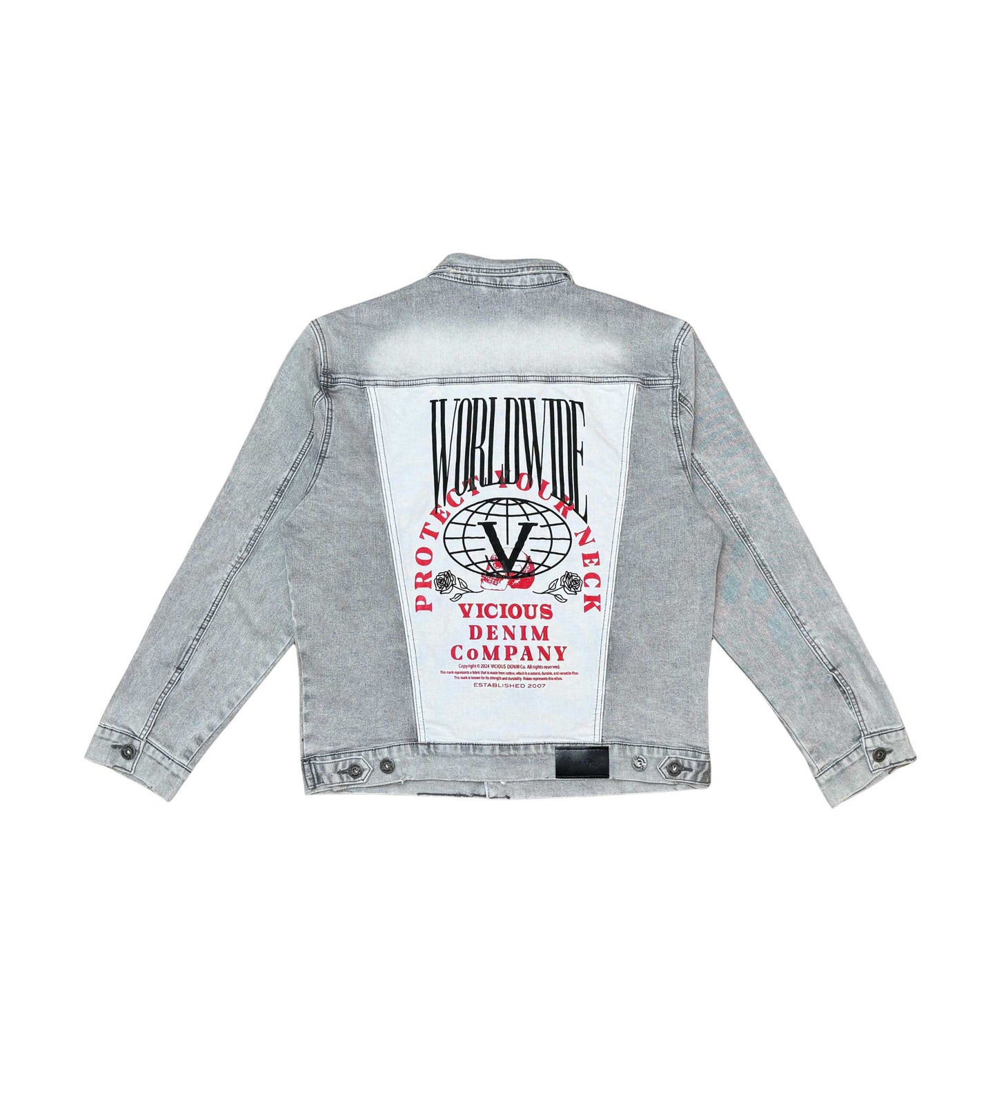 Denim Jacket w/ Suede Cut & Sew and Pearl + Gem Stone Details Light Grey by Vicious - 2