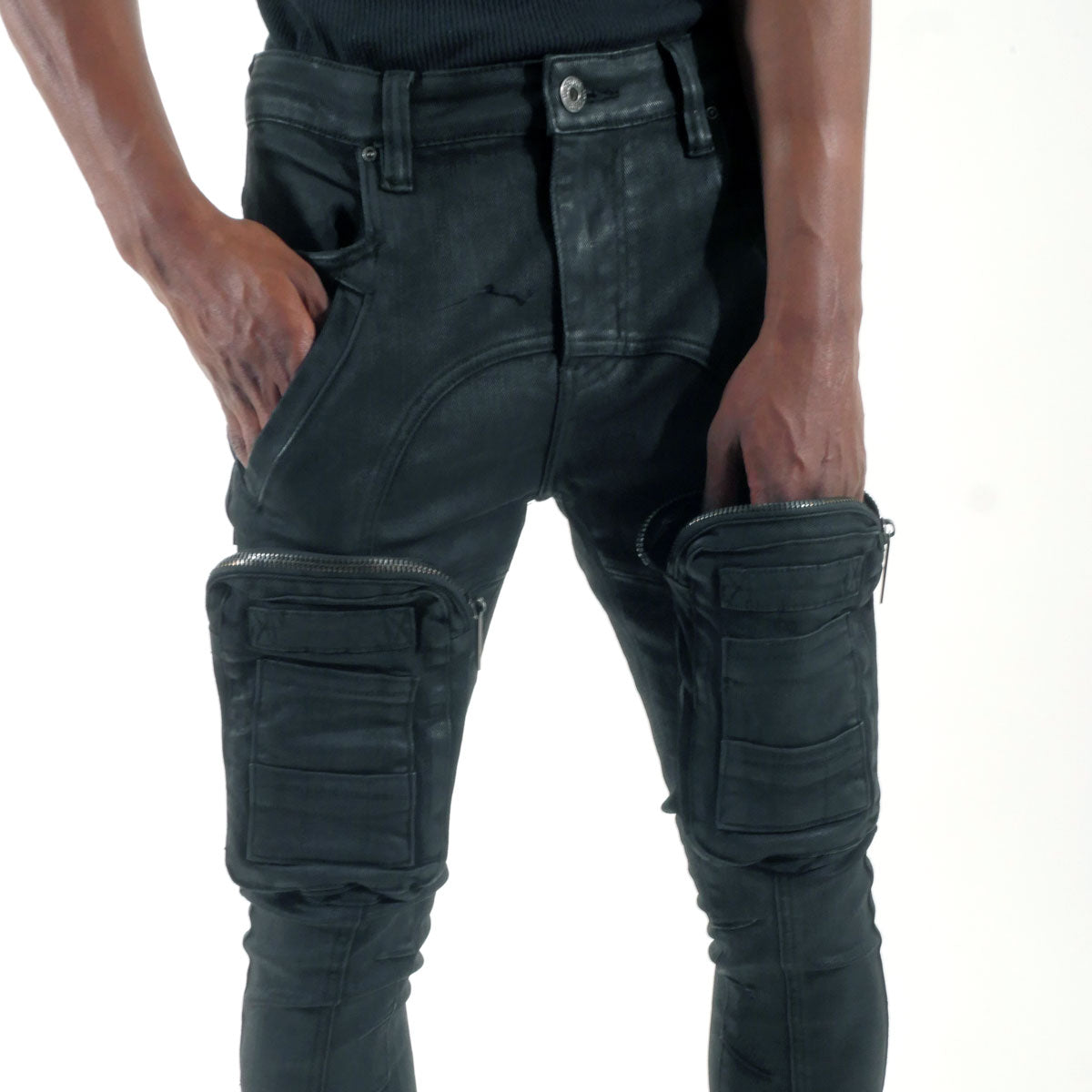 Zip cargo denim pants / flared Waxed Black by Vicious - 1