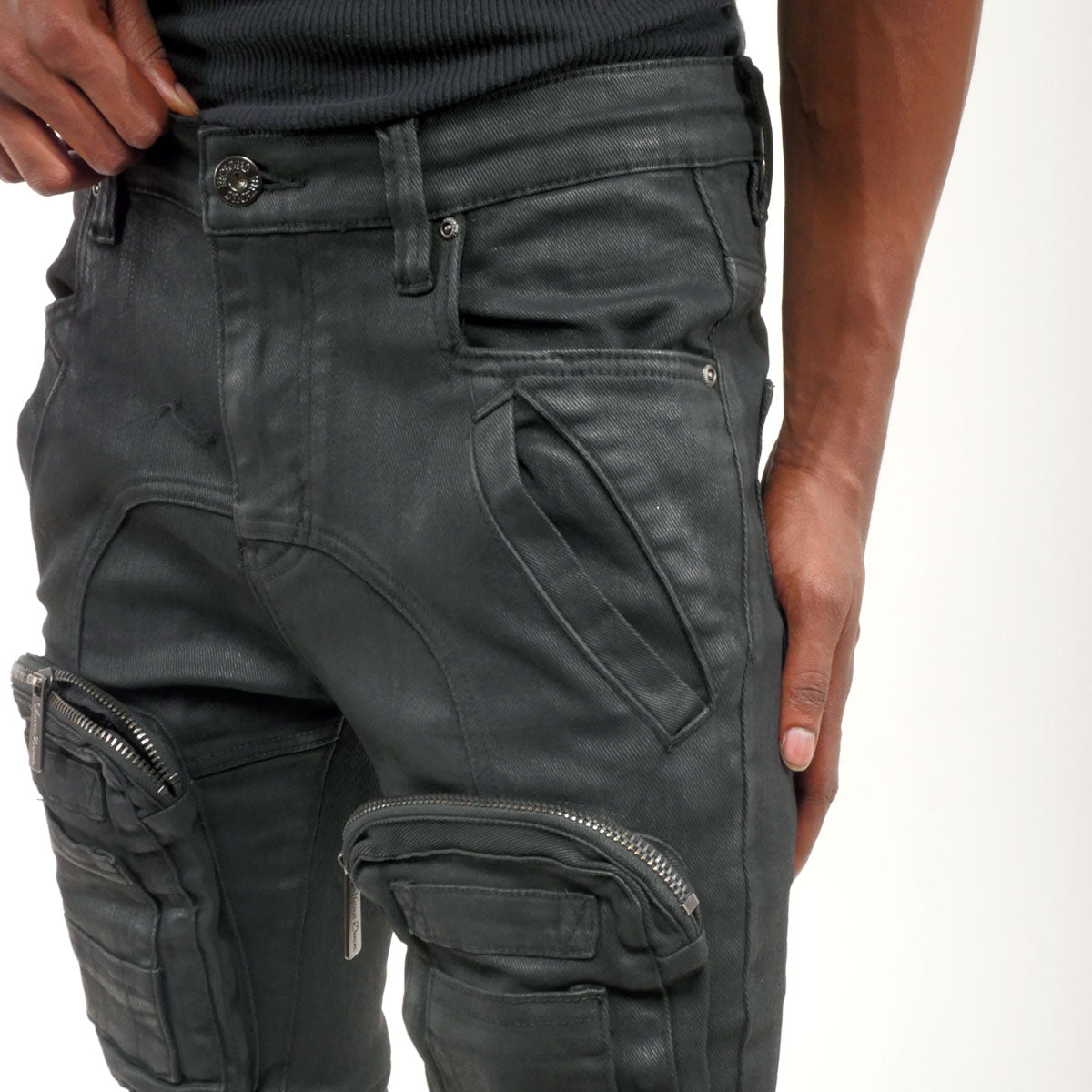 Zip cargo denim pants / flared Waxed Black by Vicious - 2