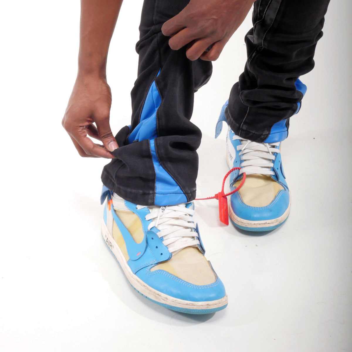 Stack denim w/ leather cut & sew details Black by Vicious - 1