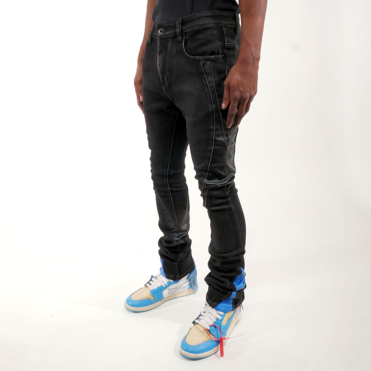 Stack denim w/ leather cut & sew details Black by Vicious - 4