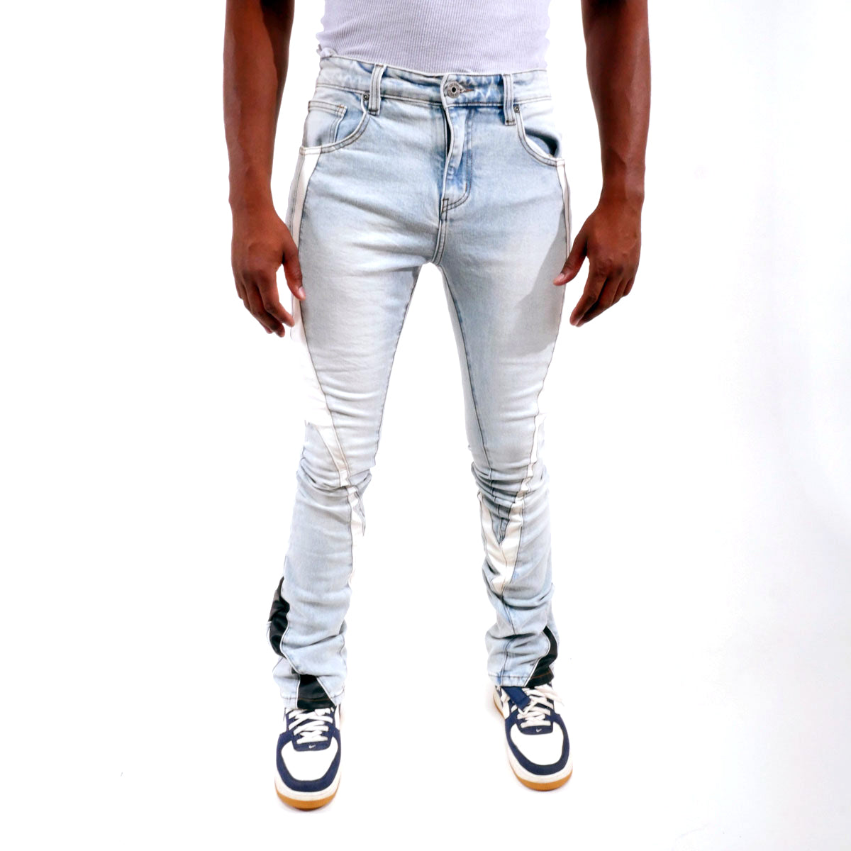 Stack denim w/ leather cut & sew details Light Blue by Vicious - 0