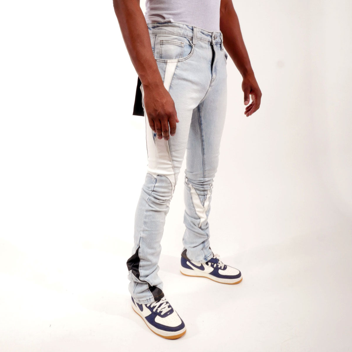 Stack denim w/ leather cut & sew details Light Blue by Vicious - 1