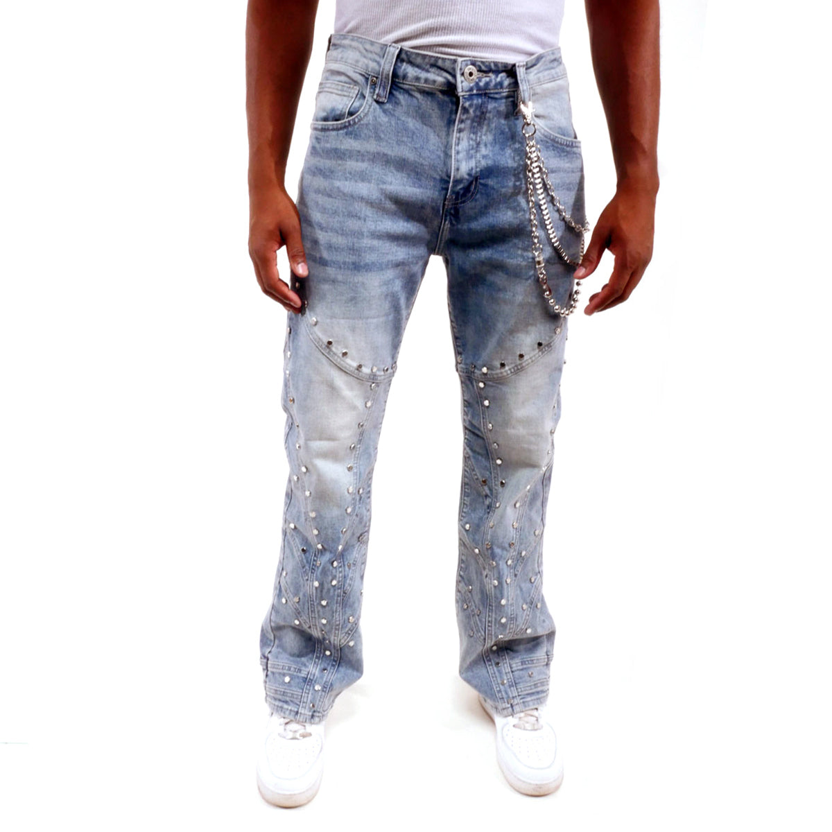 Embellished studded premium rhinestone denim pant Medium Blue by Vicious - 0