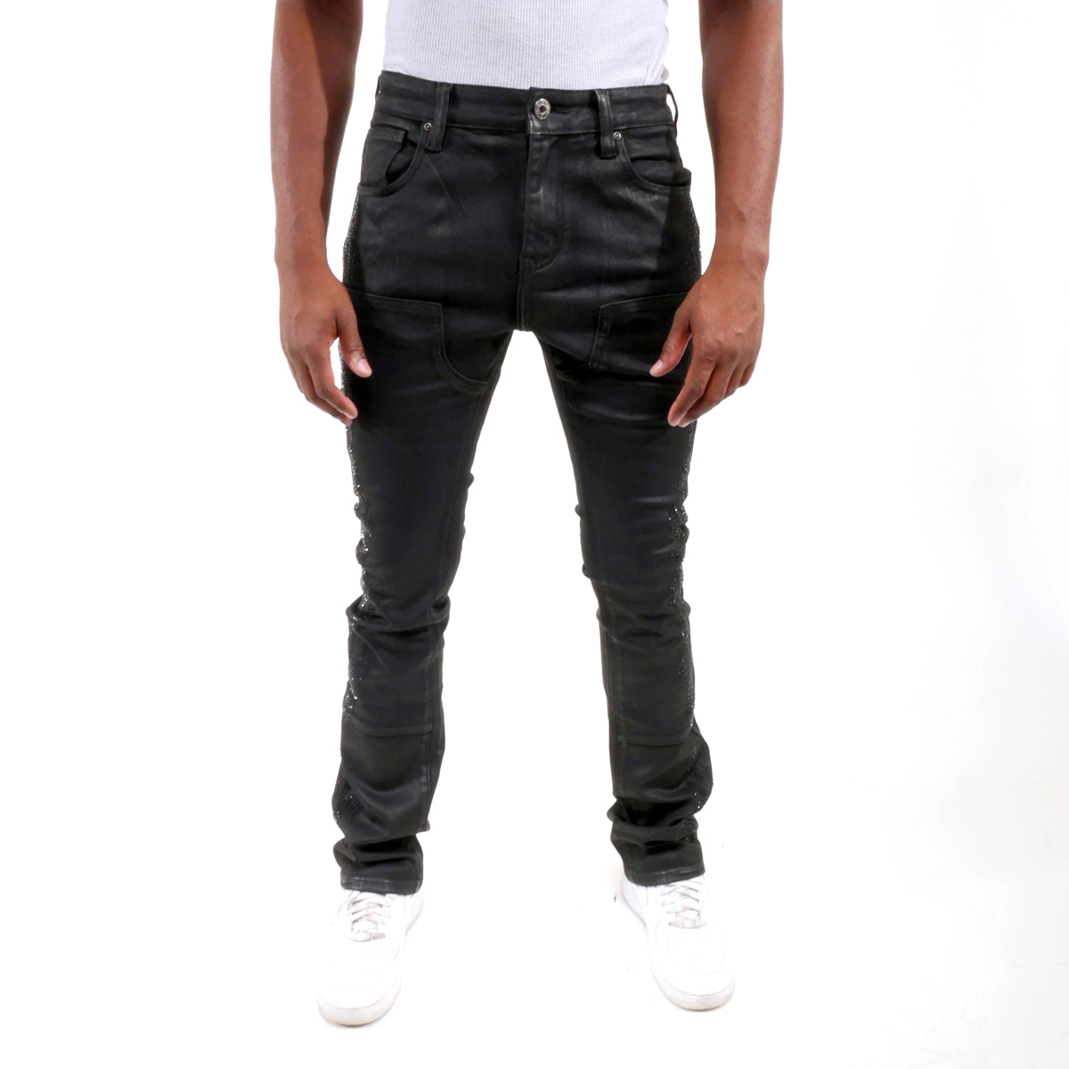 Embellished wax coated denim pant Coated Black by Vicious - 0