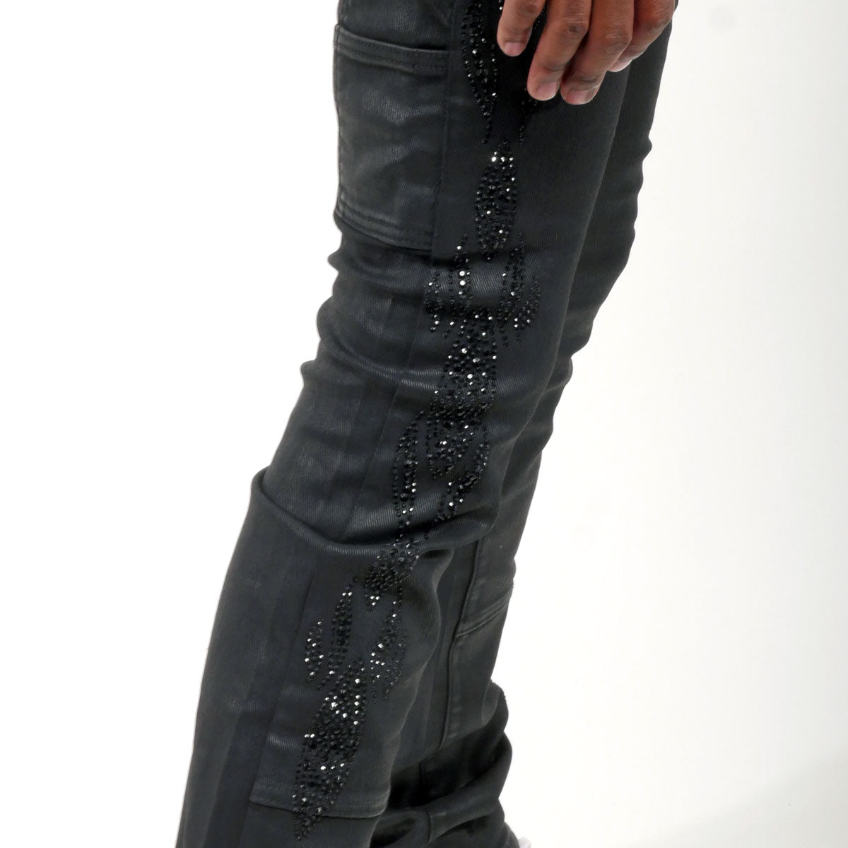 Embellished wax coated denim pant Coated Black by Vicious - 1