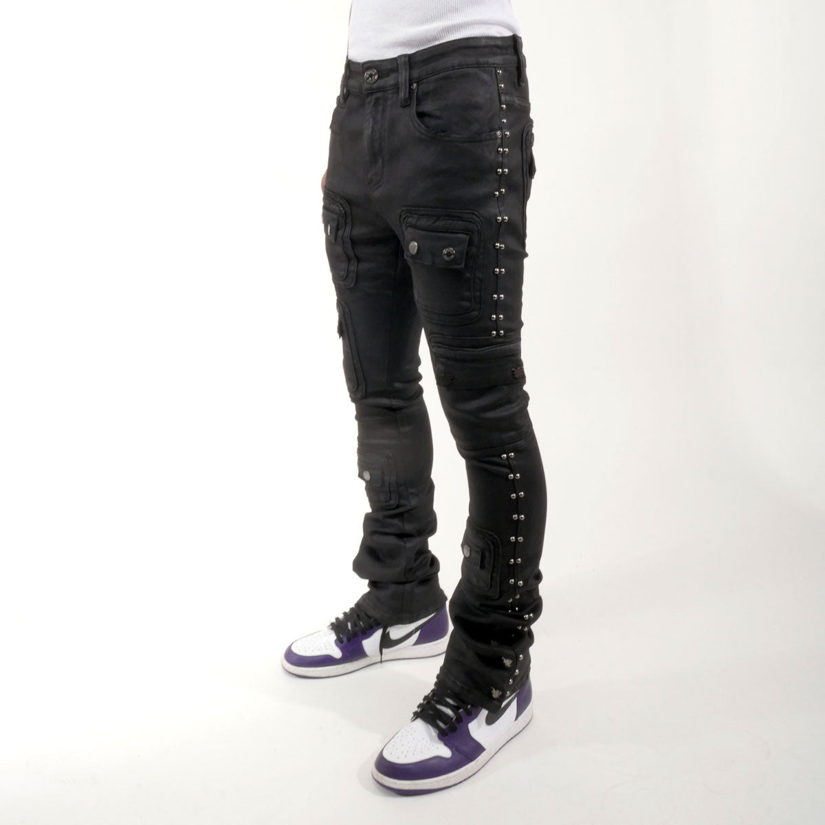 Studded warrior cargo flare fit denim pant Coated Black by Vicious - 1