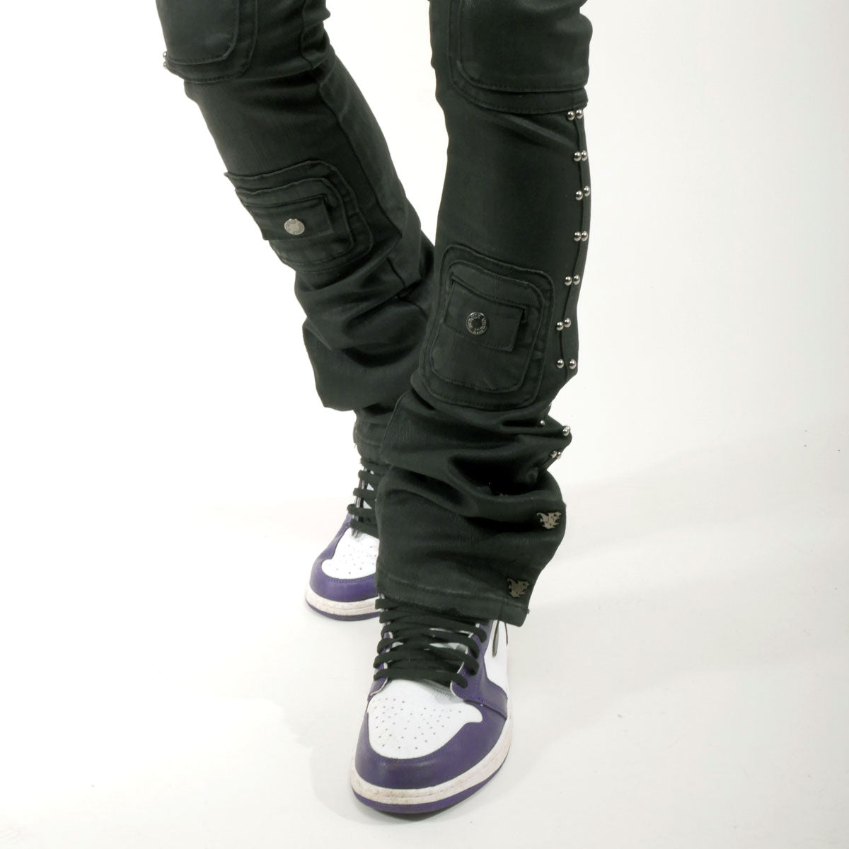 Studded warrior cargo flare fit denim pant Coated Black by Vicious - 3