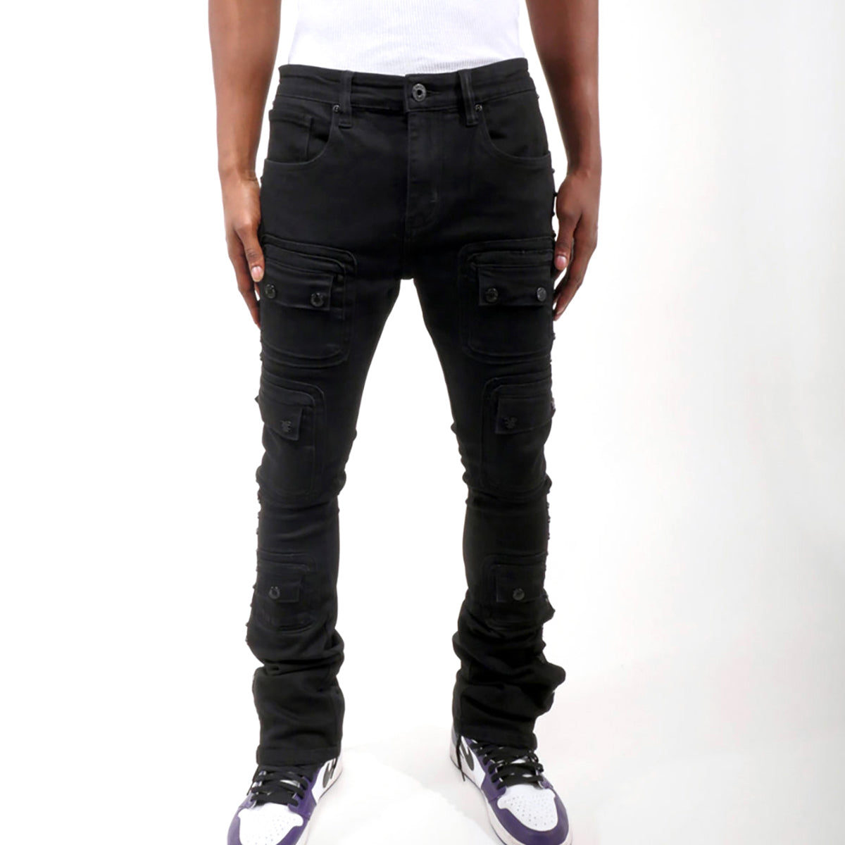 Studded warrior cargo flare fit denim pant Jet Black by Vicious - 0