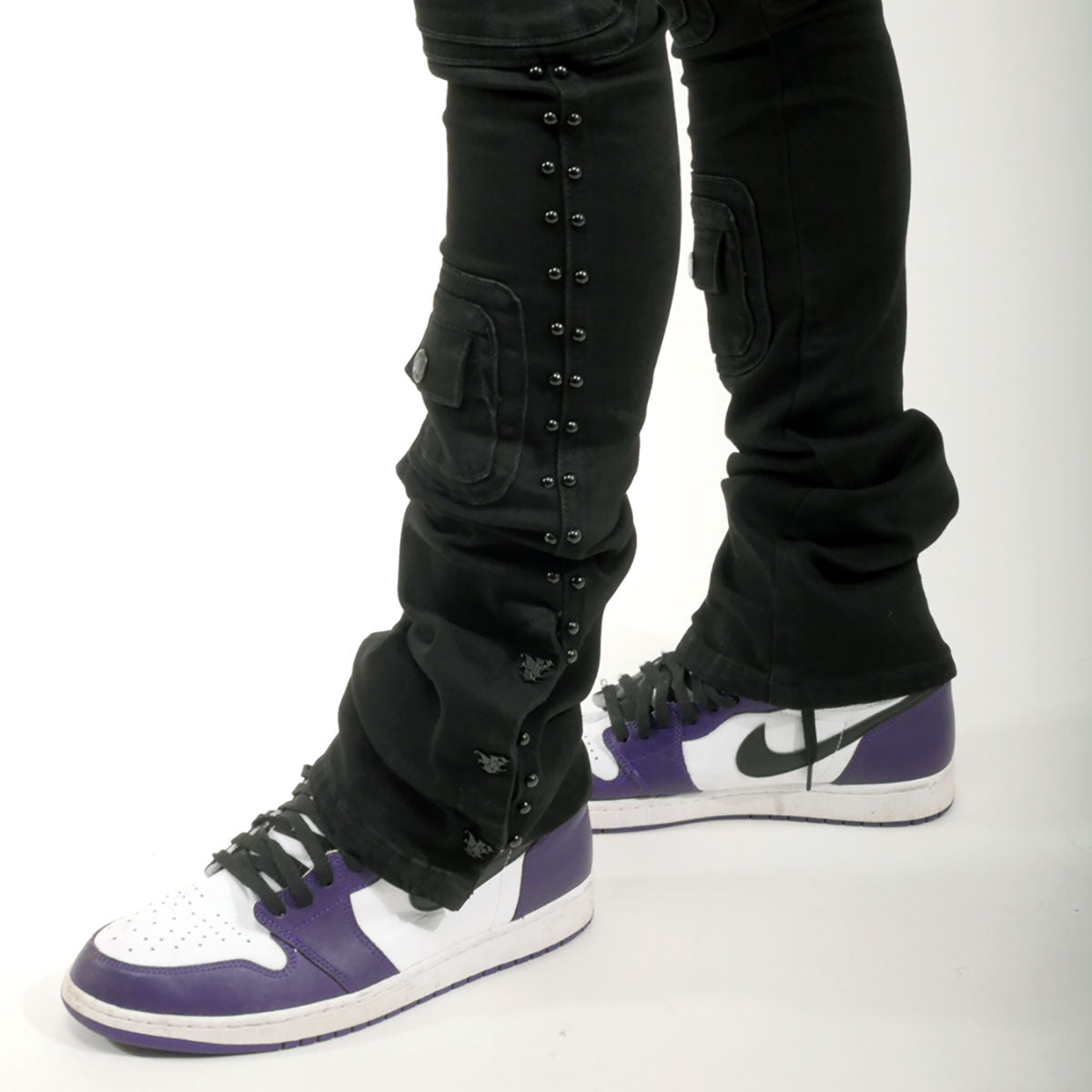 Studded warrior cargo flare fit denim pant Jet Black by Vicious - 2