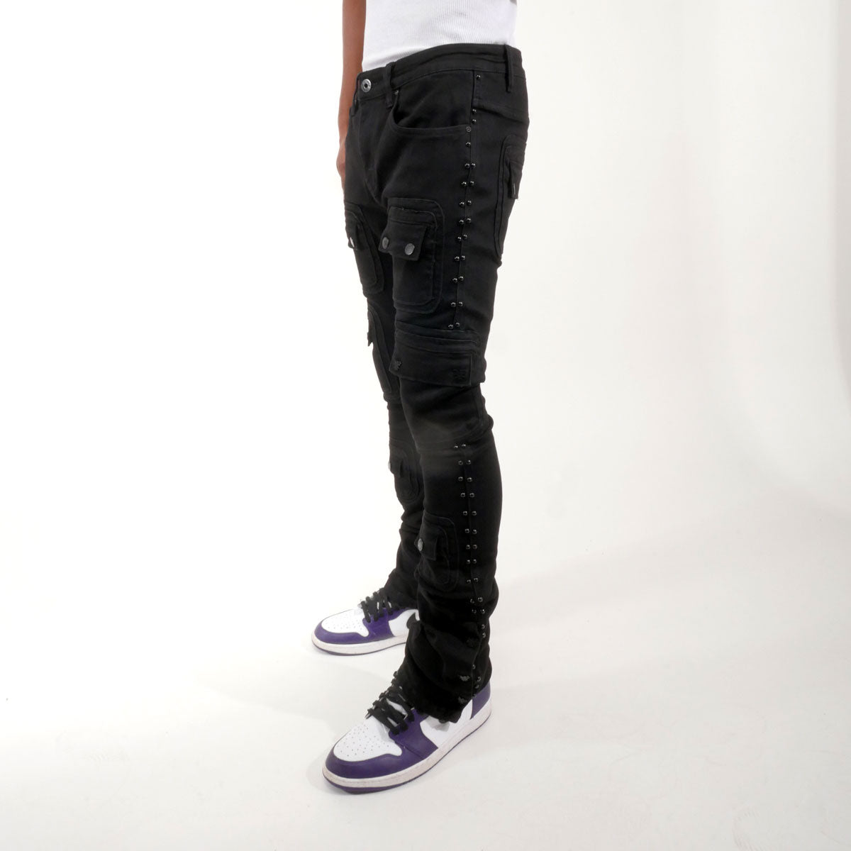 Studded warrior cargo flare fit denim pant Jet Black by Vicious - 4