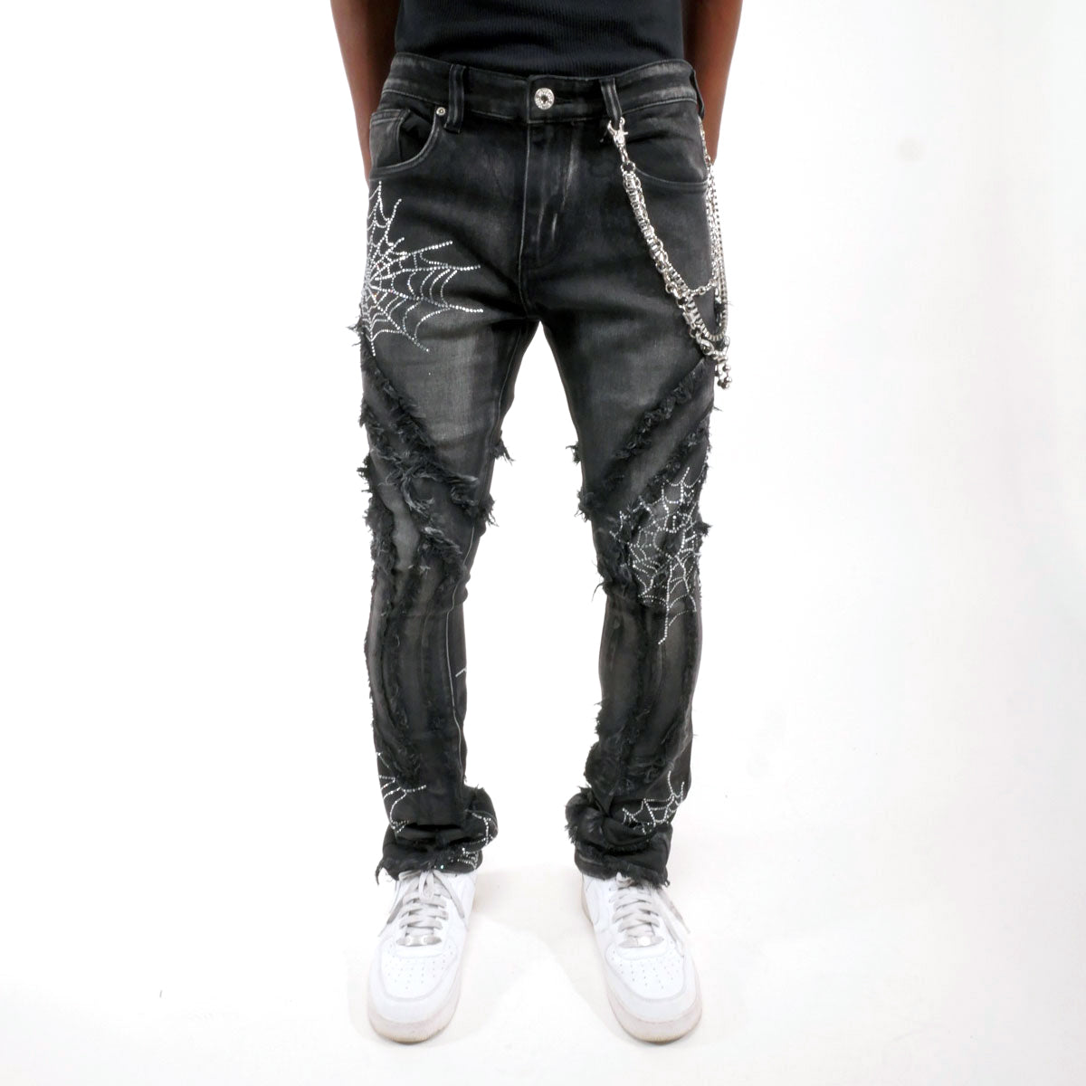 Stack denim pant w/ studded spider webs Black by Vicious - 0