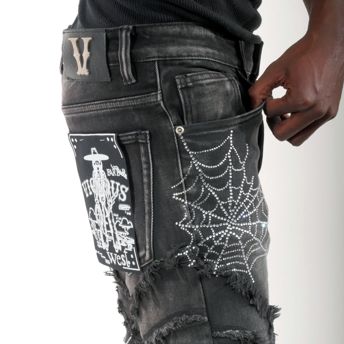Stack denim pant w/ studded spider webs Black by Vicious - 1