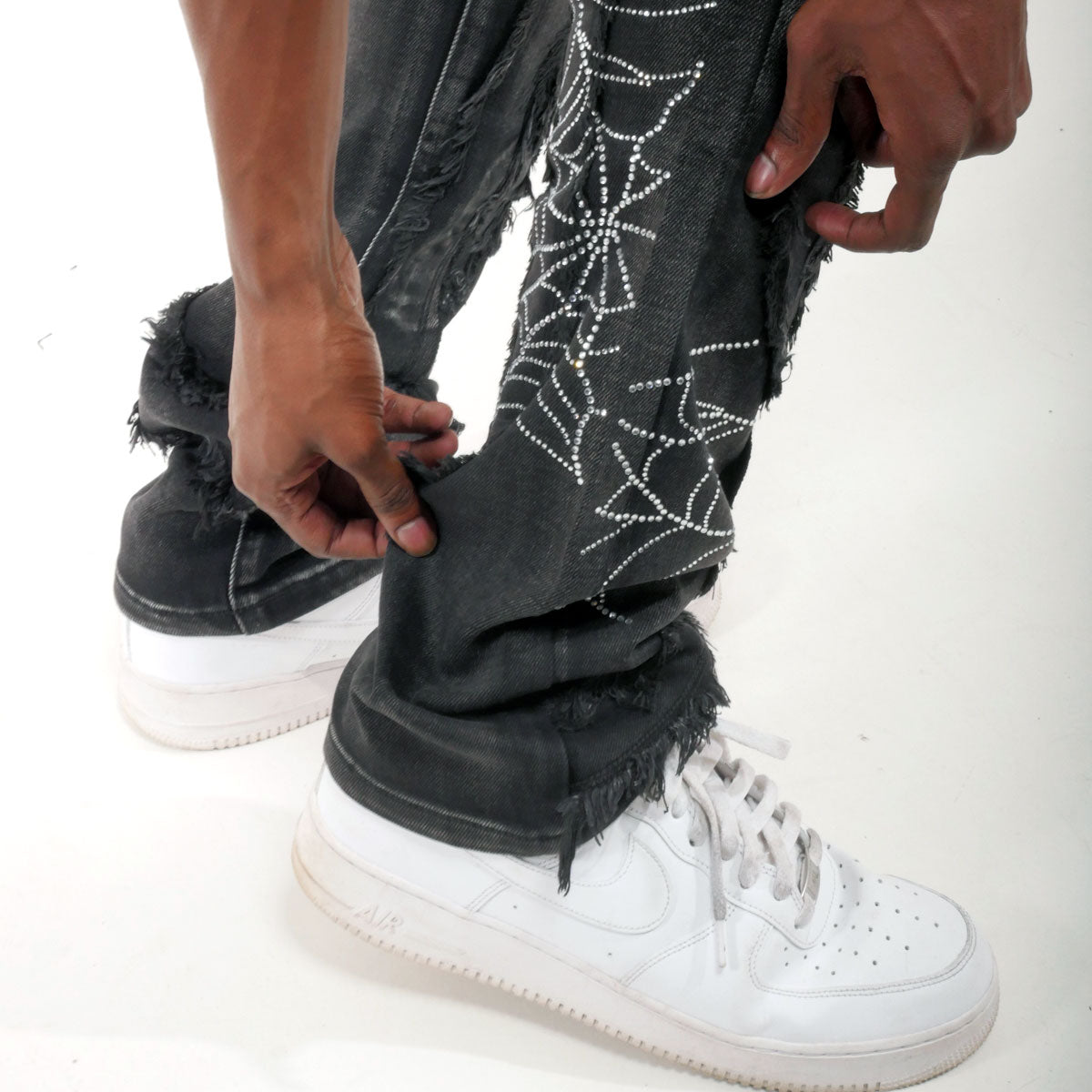 Stack denim pant w/ studded spider webs Black by Vicious - 2