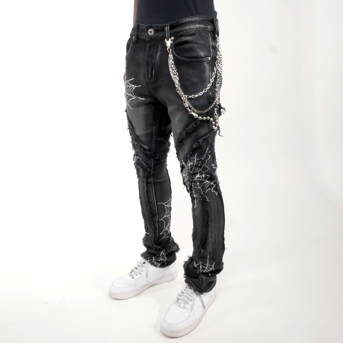 Stack denim pant w/ studded spider webs Black by Vicious - 5