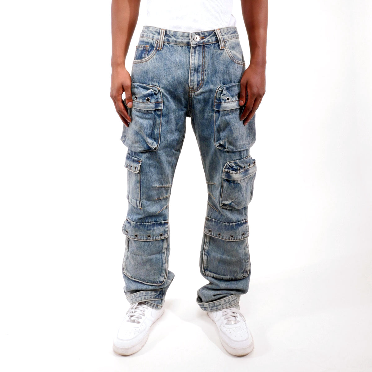 Multi cargo baggy fit denim pant Light Blue by Vicious - 0