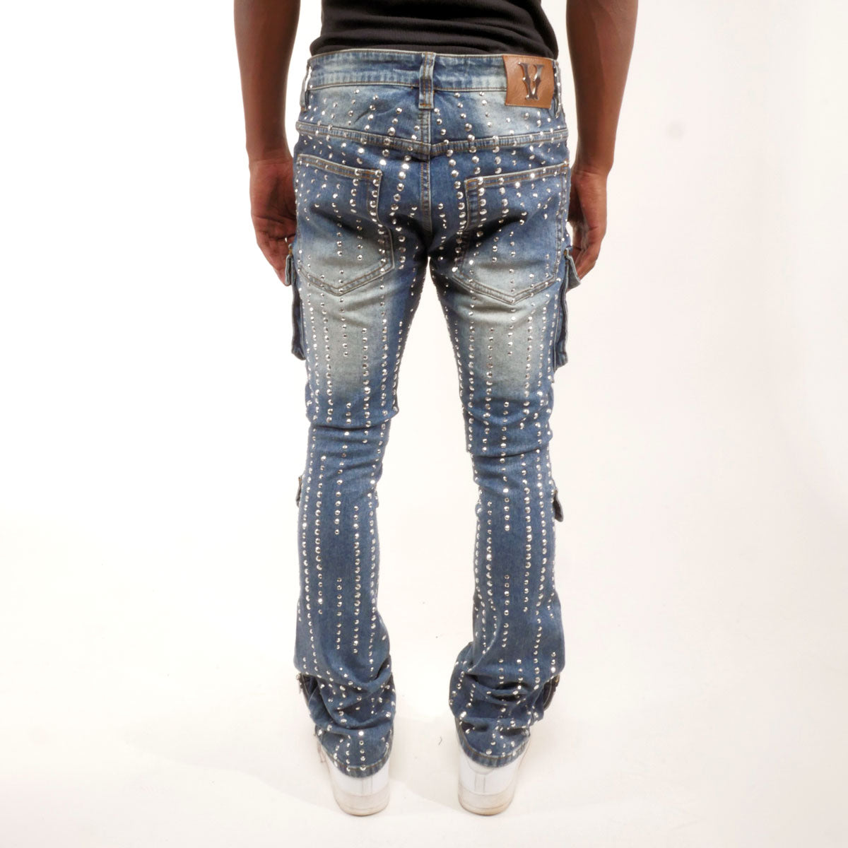 Silver studded muti cargo flare denim pant Medium Blue by Vicious - 1