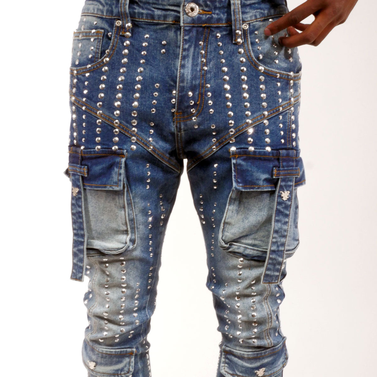 Silver studded muti cargo flare denim pant Medium Blue by Vicious - 2