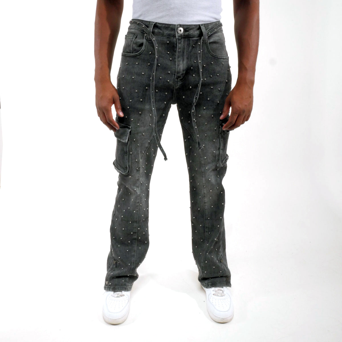 Pearl medium studded relaxed straight denim pant Black by Vicious - 0