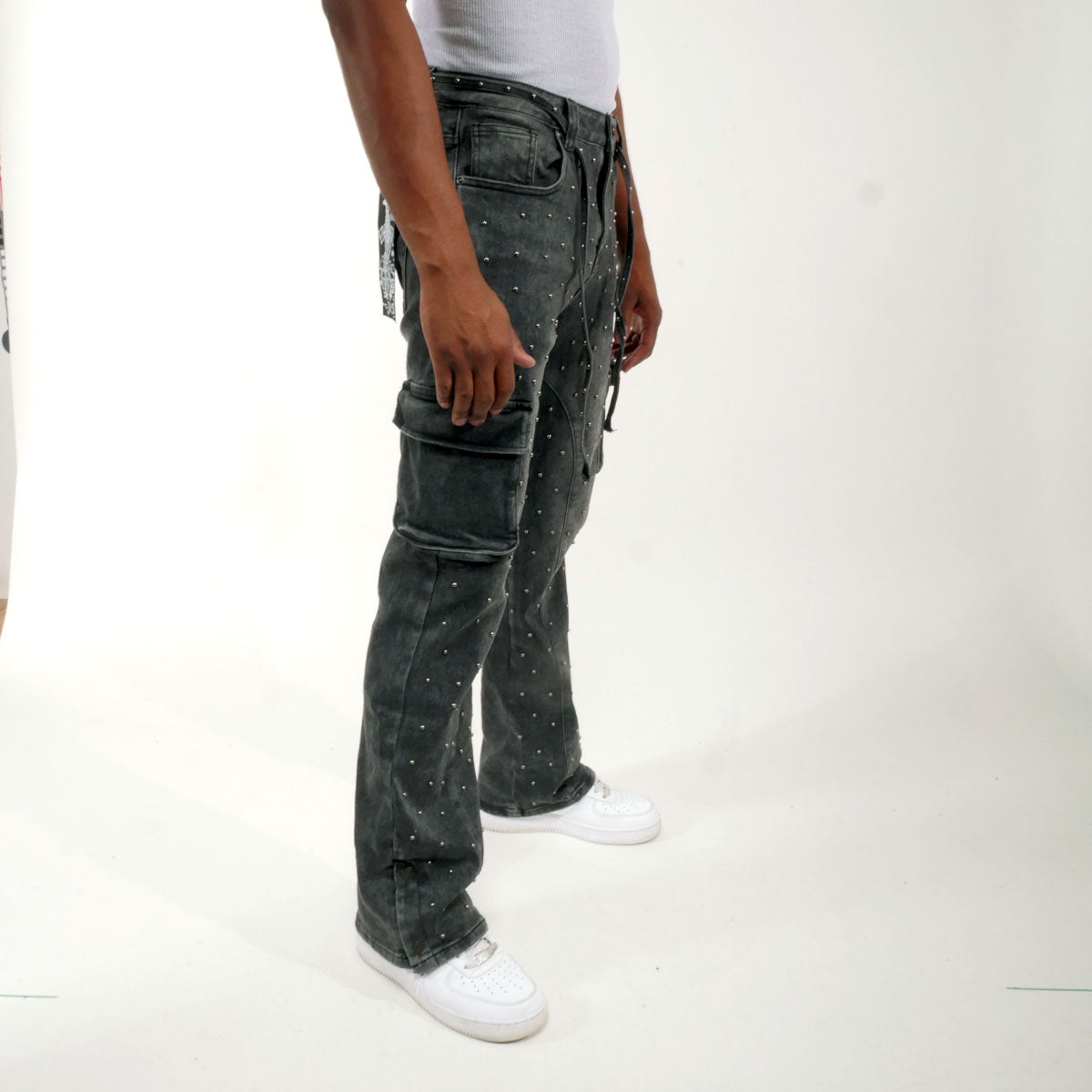 Pearl medium studded relaxed straight denim pant Black by Vicious - 1