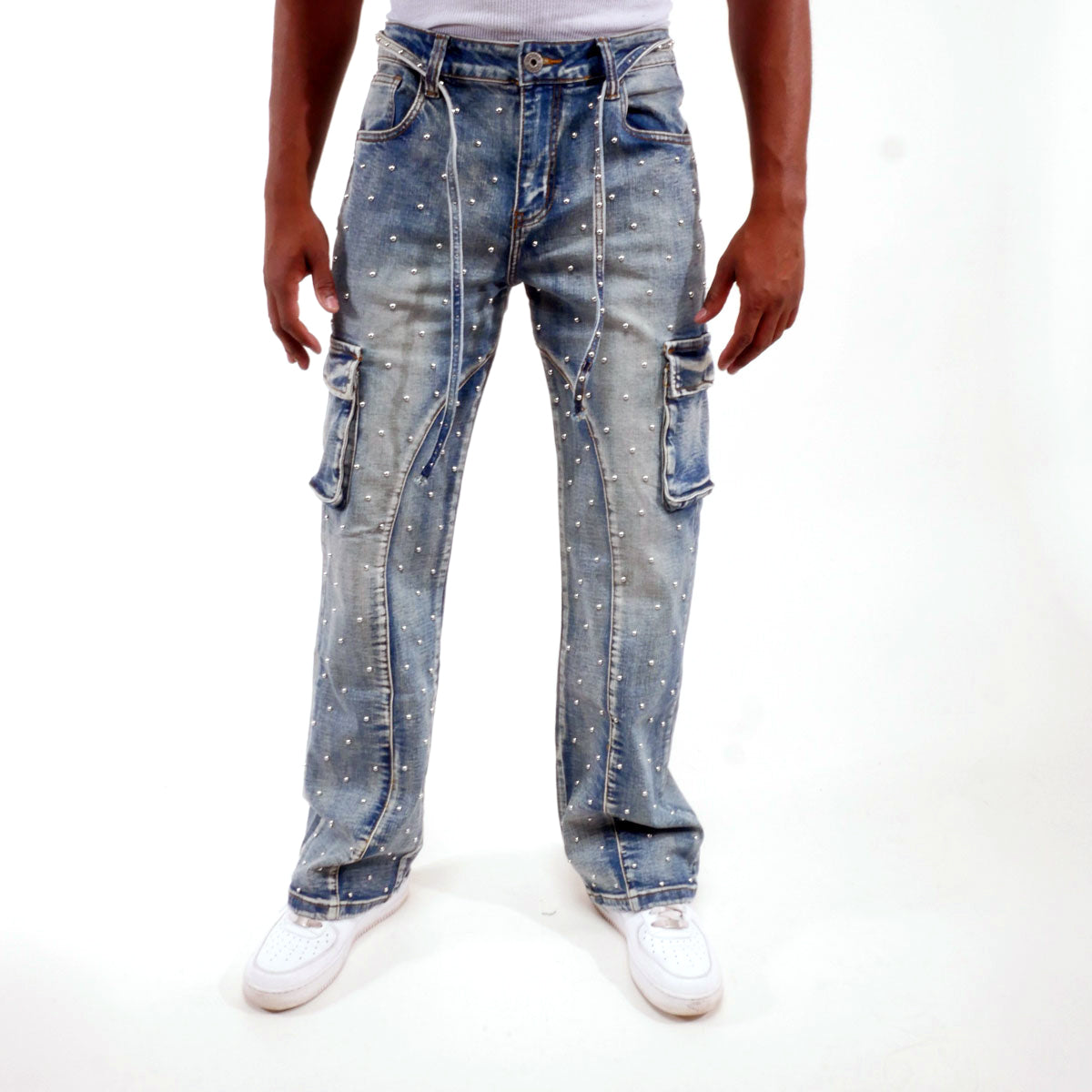 Pearl medium studded relaxed straight denim pant Medium Blue by Vicious - 0