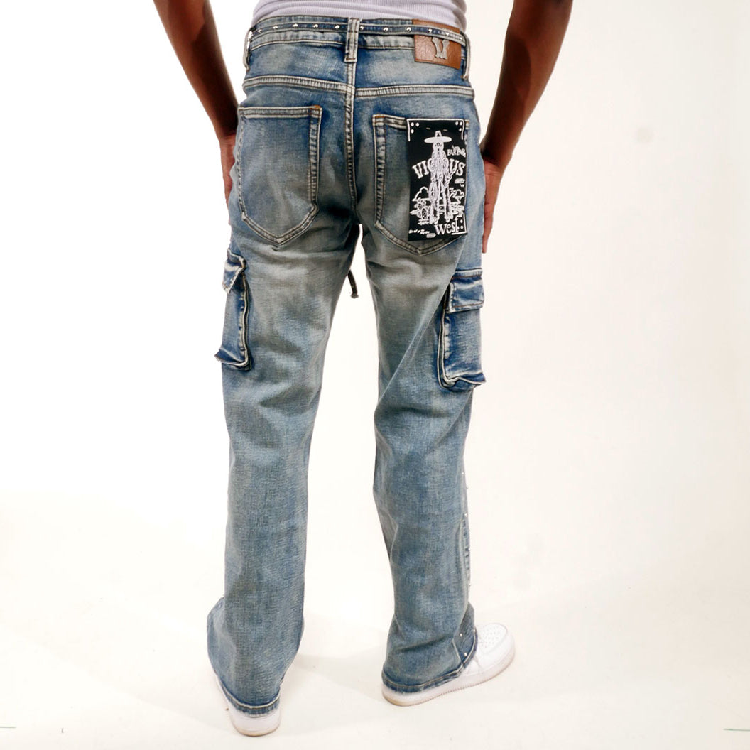 Pearl medium studded relaxed straight denim pant Medium Blue by Vicious - 4