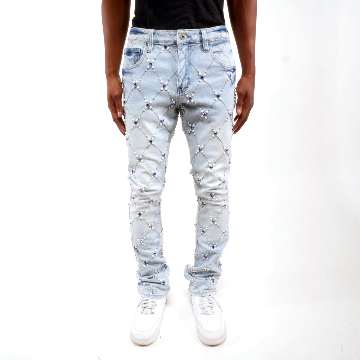 Rhinestone embellished flare denim pant Light Blue by Vicious - 0