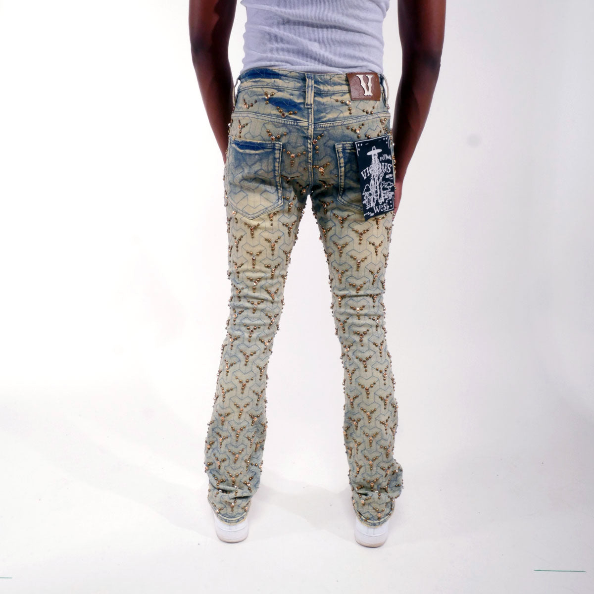 Embellished stone flare denim pant Light Blue by Vicious - 1