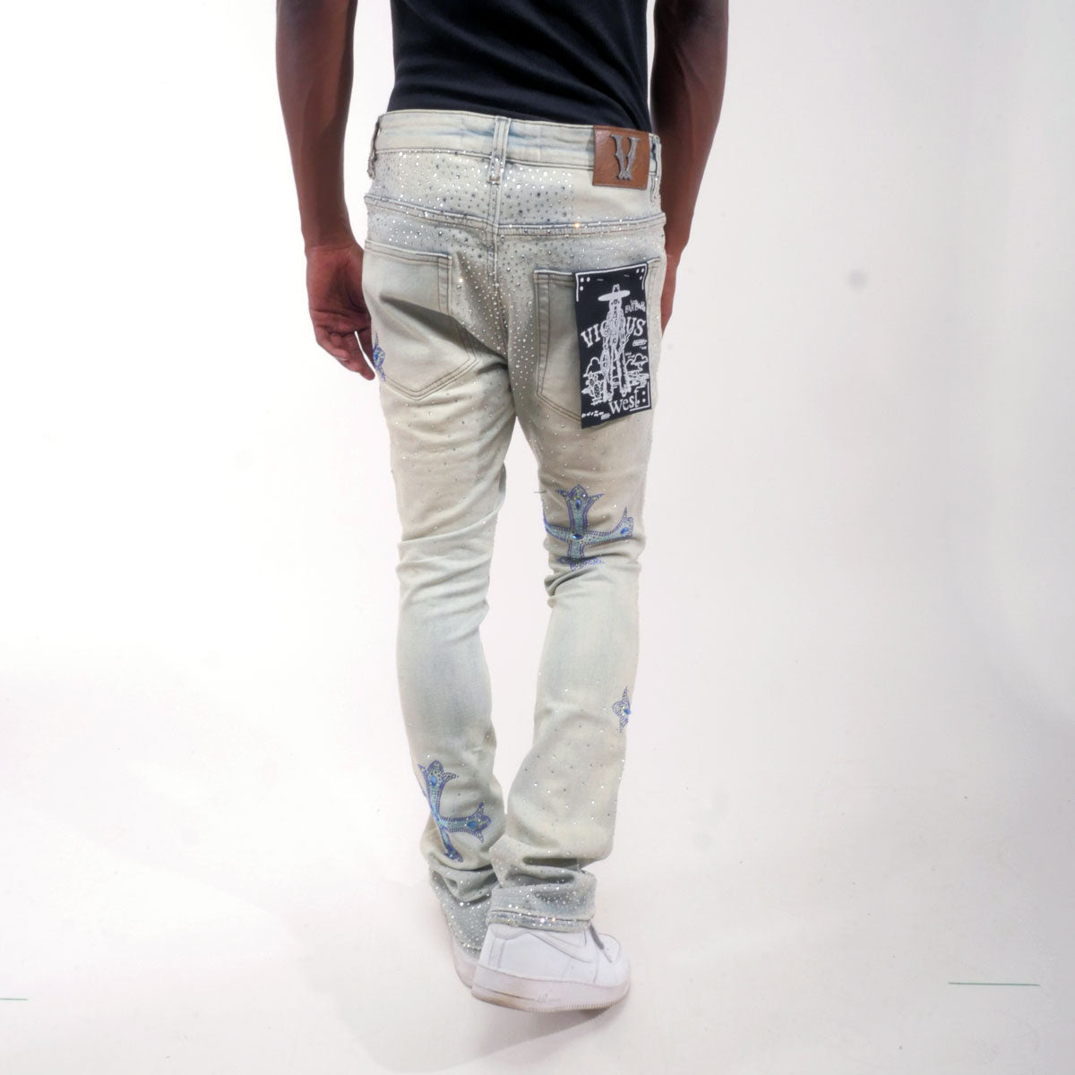 Embellished rhinestone flare denim pant Light Blue by Vicious - 3