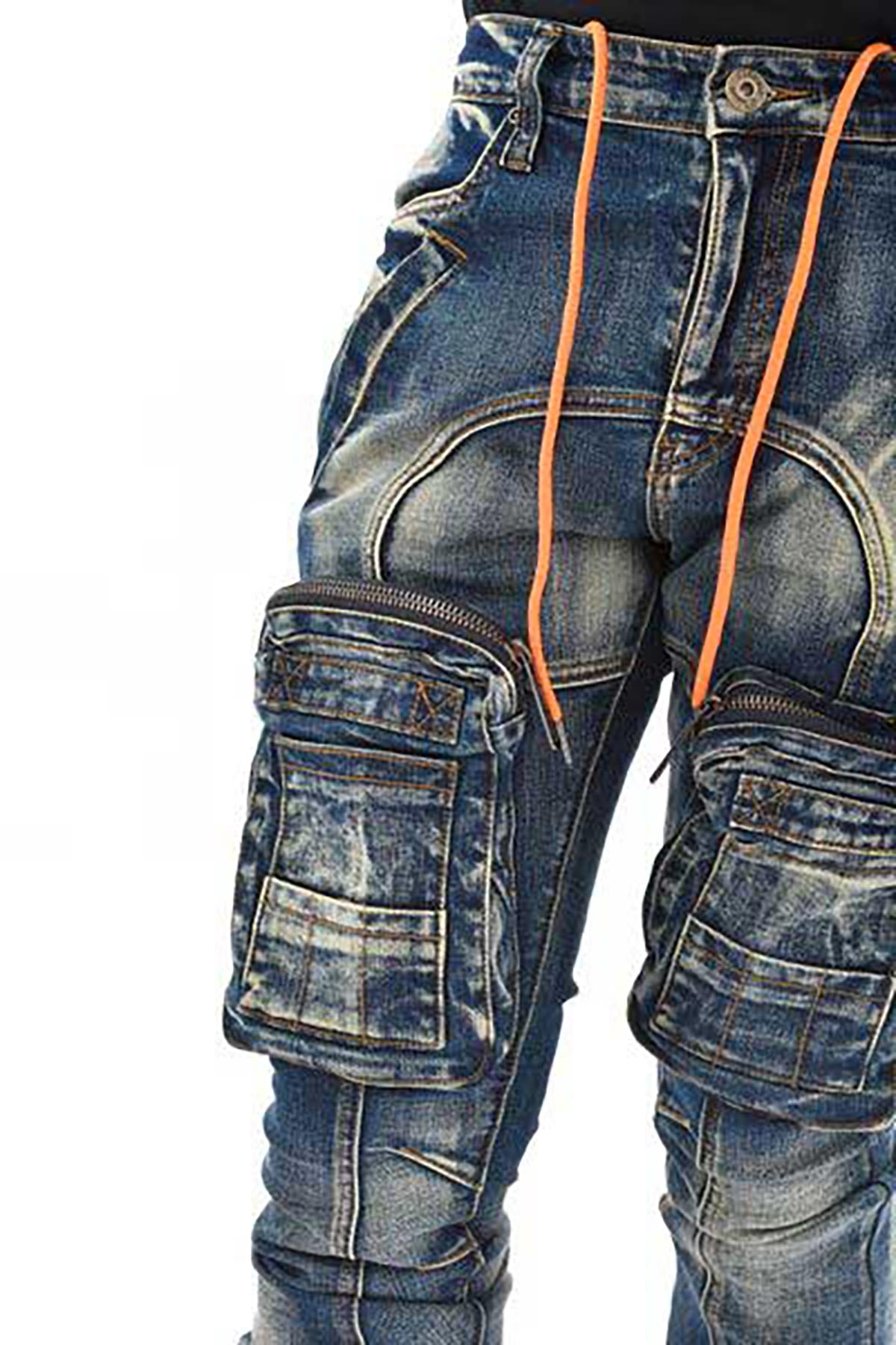 Zip cargo denim pants / flared