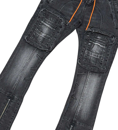 Zip cargo denim pants / flared