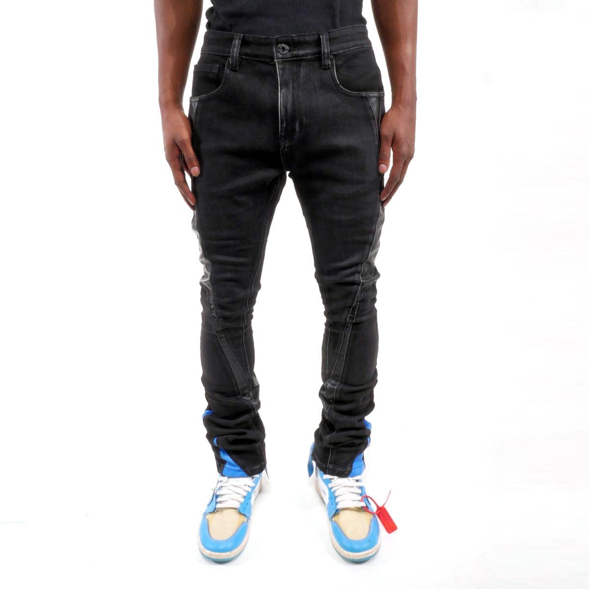 Stack denim w/ leather cut & sew details by Vicious, view 16
