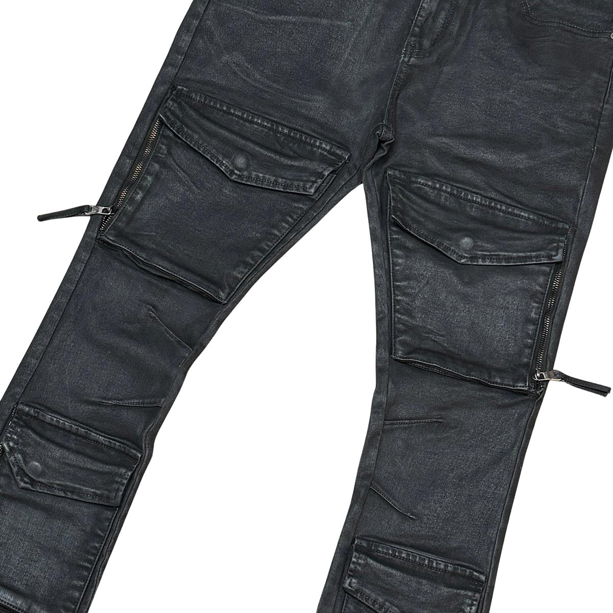 Wax coated flared denim pant
