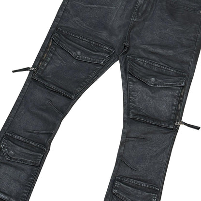 Wax coated flared denim pant