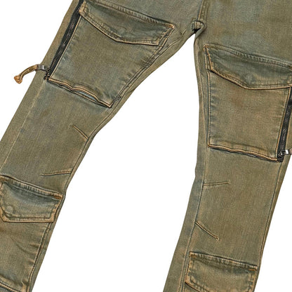 Wax coated flared denim pant