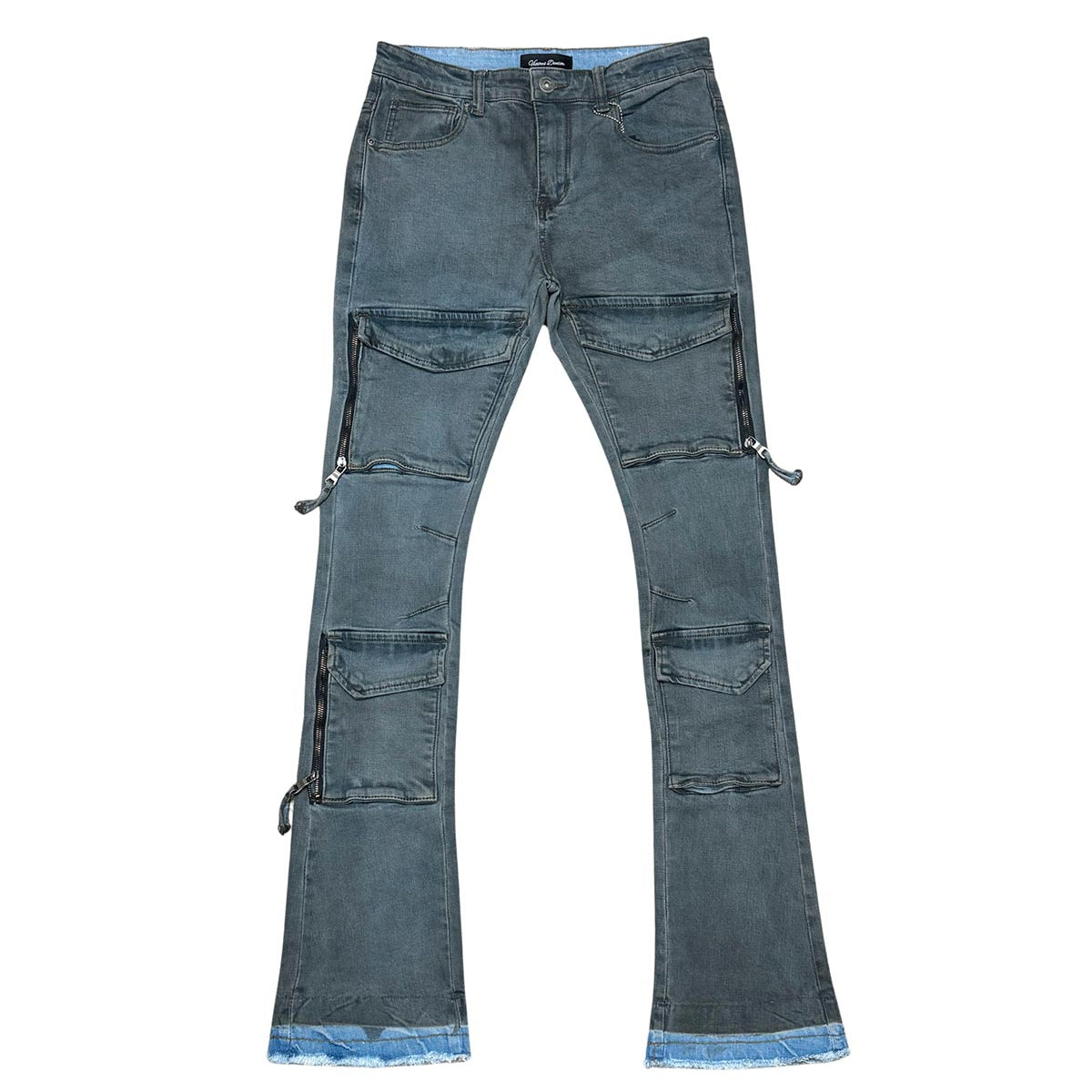 Wax coated flared denim pant