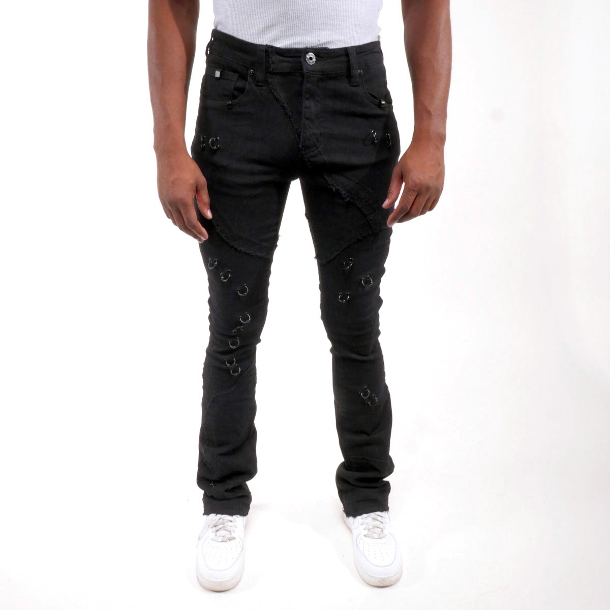 Rip & repair flare denim pant w/ metal ring details By Vicious-2
