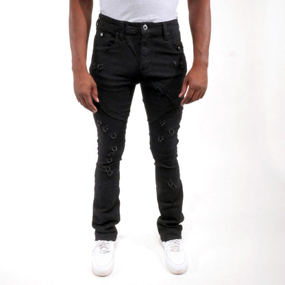 Rip & repair flare denim pant w/ metal ring details By Vicious-8