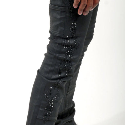 Embellished wax coated denim pant