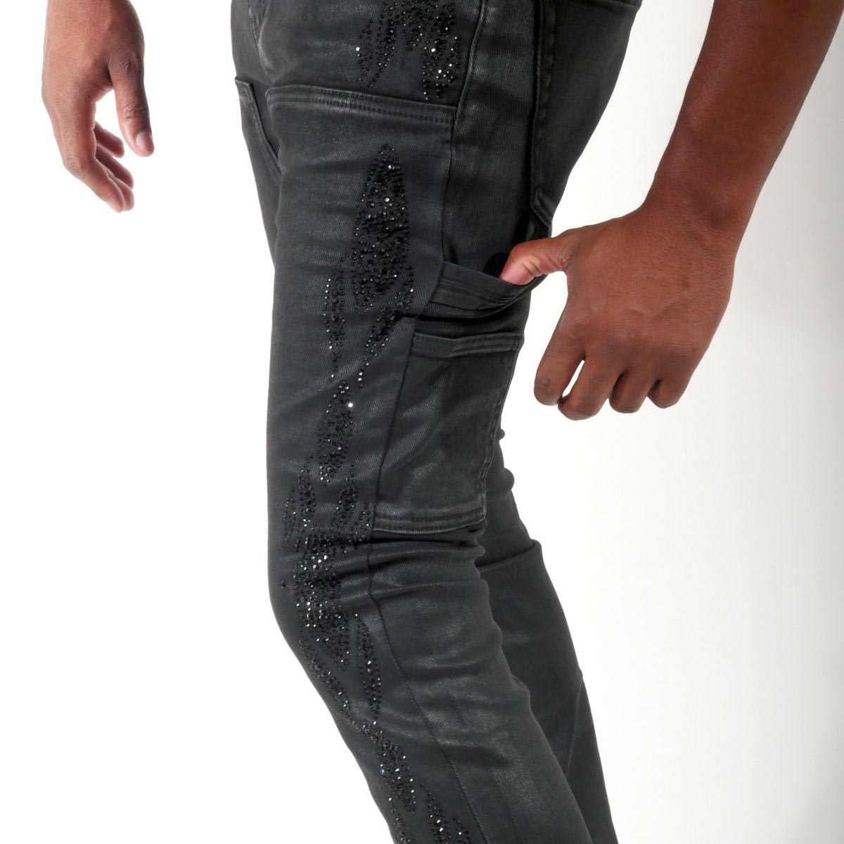 Embellished wax coated denim pant