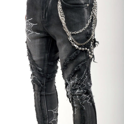 Stack denim pant w/ studded spider webs By Vicious-13