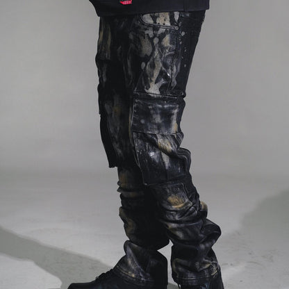 Wax coated washed flared denim pant