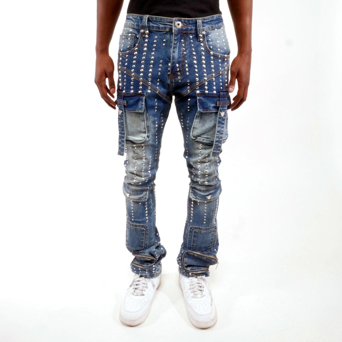 Silver studded muti cargo flare denim pant By Vicious-2
