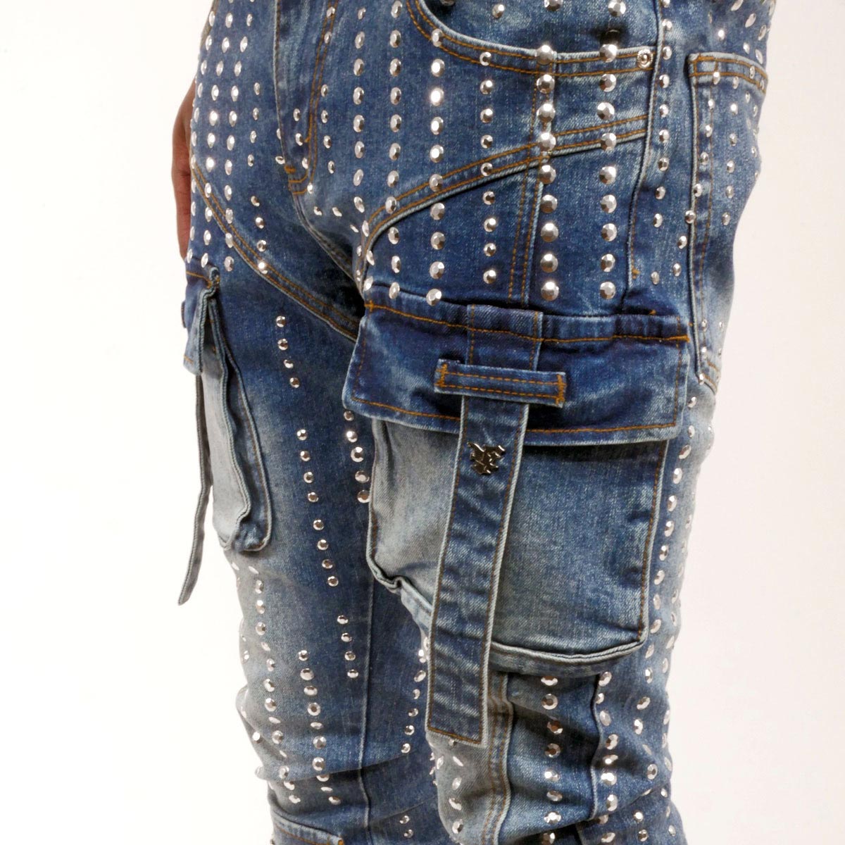Silver studded muti cargo flare denim pant By Vicious-11