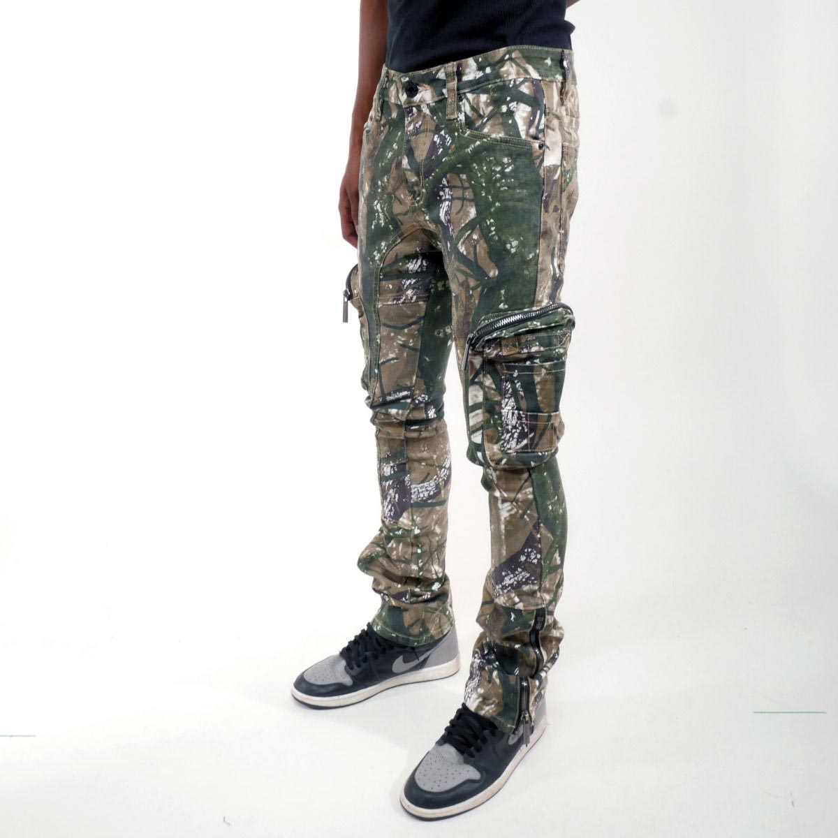 Brush camo cargo denim pant w/ side zipper details By Vicious-12