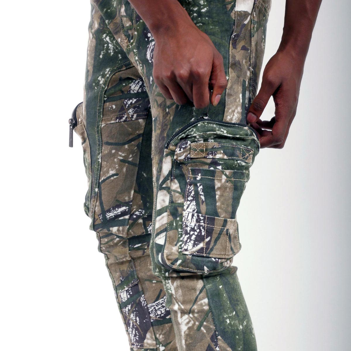 Brush camo cargo denim pant w/ side zipper details By Vicious-13
